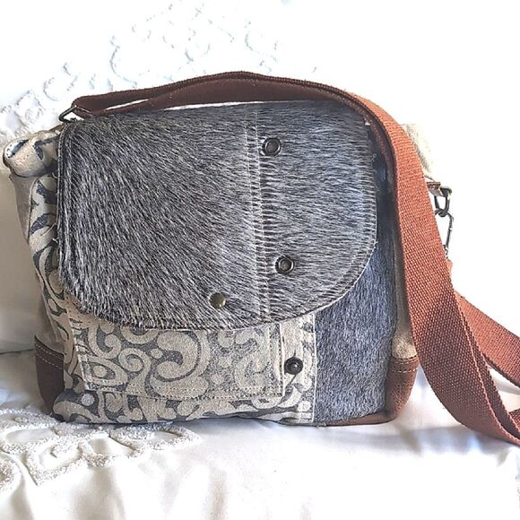Myra Calf Hair/Canvas Distressed Crossbody Messenger Bag - Picture 1 of 16